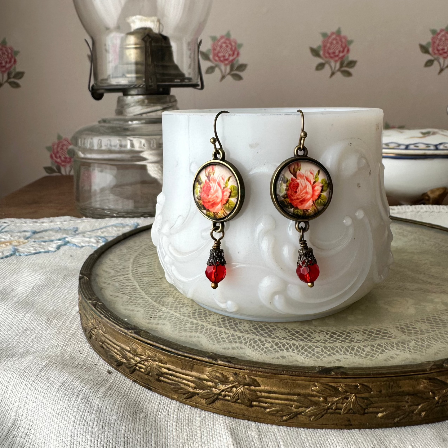 Victorian Tea Rose Drop Earrings